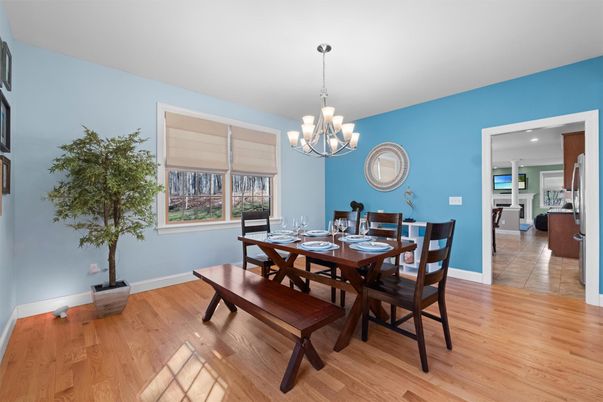 Chandelier, Dining room, Interior, Recessed Lighting, Wood Texture Flooring