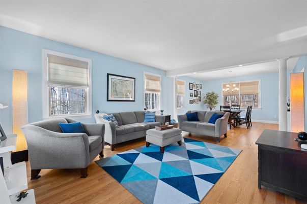 Dining room, Interior, Living room, Pendant Lights, Recessed Lighting, Wood Texture Flooring