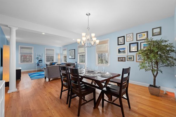 Chandelier, Dining room, Interior, Living room, Recessed Lighting, Wood Texture Flooring