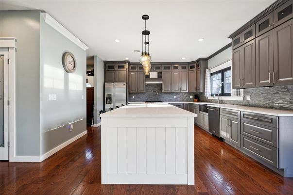 Interior, Kitchen, Pendant Lights, Recessed Lighting, Stainless Steel Appliances, Wood Texture Flooring