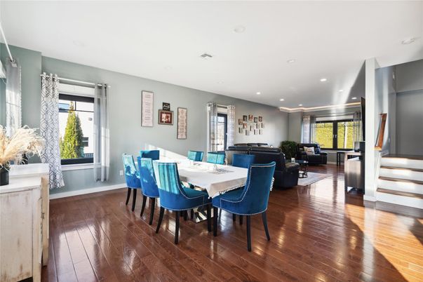 Dining room, Interior, Living room, Recessed Lighting, Wood Texture Flooring