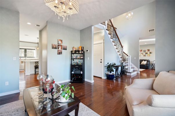 Chandelier, Interior, Living room, Recessed Lighting, Wood Texture Flooring