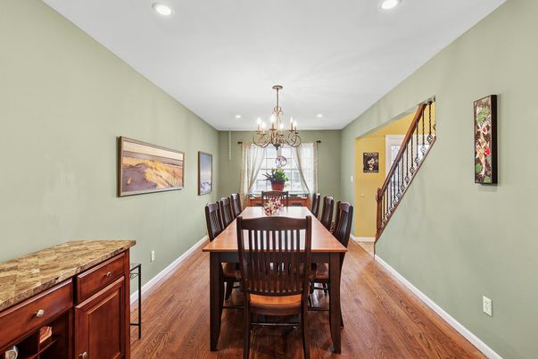 Chandelier, Dining room, Interior, Recessed Lighting, Wood Texture Flooring