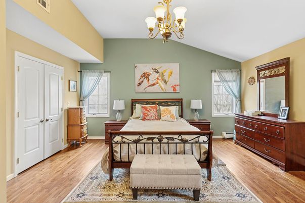 Bedroom, Chandelier, Interior, Wood Texture Flooring