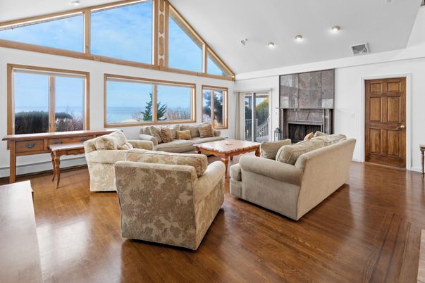 Fireplace, Interior, Living room, Recessed Lighting, Water, Wood Texture Flooring