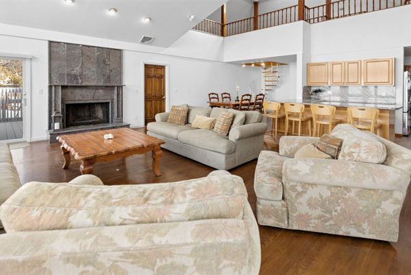 Dining room, Fireplace, Interior, Kitchen, Living room, Recessed Lighting, Wood Texture Flooring