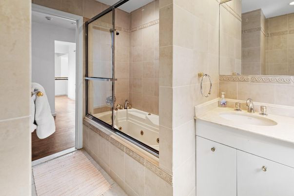 Bathroom, Glass Shower, Interior, Wood Texture Flooring