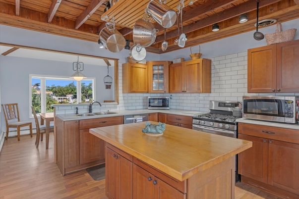 Interior, Kitchen, Pendant Lights, Stainless Steel Appliances, Wooden Beams, Wooden Ceilings, Wood Texture Flooring
