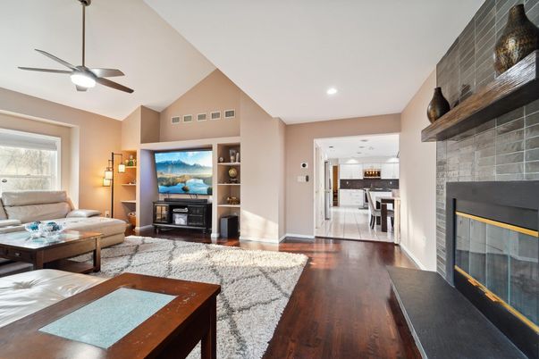 Fireplace, Interior, Kitchen, Living room, Recessed Lighting, Wood Texture Flooring