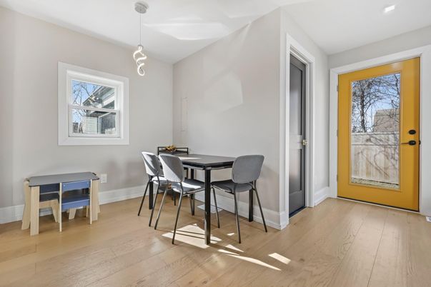 Dining room, Interior, Pendant Lights, Recessed Lighting, Wood Texture Flooring