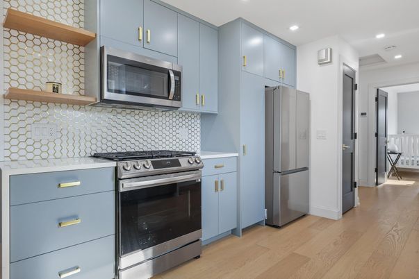 Interior, Kitchen, Recessed Lighting, Stainless Steel Appliances, Wood Texture Flooring