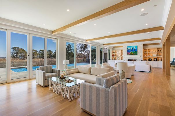 Dining room, Fireplace, Interior, Living room, Recessed Lighting, Stone Walls, Wooden Beams, Wood Texture Flooring