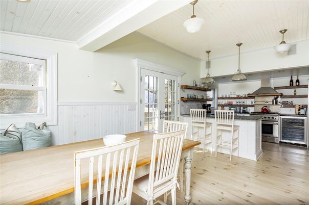 Dining room, Interior, Kitchen, Pendant Lights, Stainless Steel Appliances, Wood Texture Flooring
