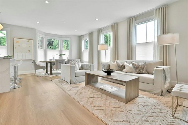 Dining room, Interior, Living room, Recessed Lighting, Wood Texture Flooring