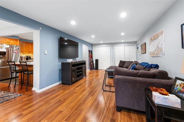 Interior, Kitchen, Living room, Recessed Lighting, Stainless Steel Appliances, Wood Texture Flooring