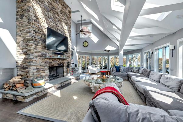 Fireplace, Interior, Living room, Pendant Lights, Stone Walls, Wood Texture Flooring