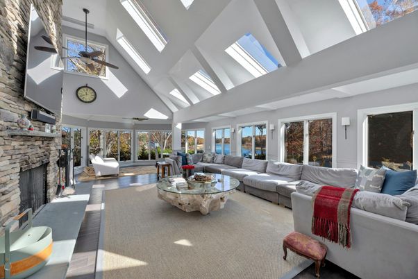 Fireplace, Interior, Living room, Pendant Lights, Stone Walls, Wood Texture Flooring