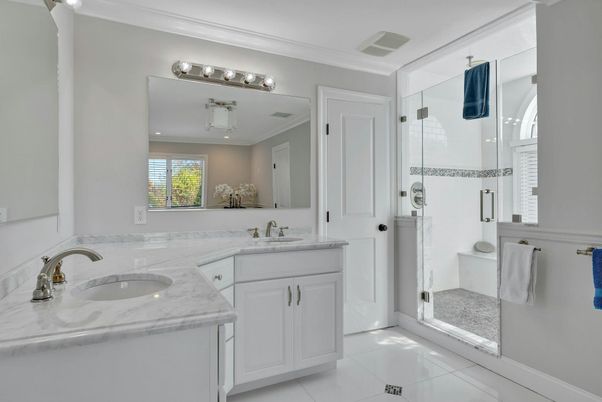 Bathroom, Dual Sink Vanities, Glass Shower, Interior, Recessed Lighting