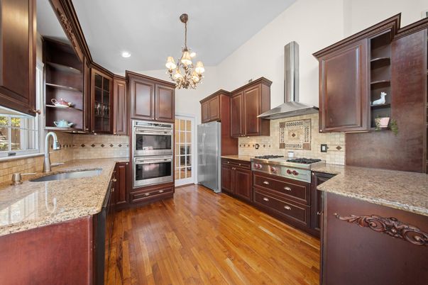 Chandelier, Interior, Kitchen, Recessed Lighting, Stainless Steel Appliances, Wood Texture Flooring