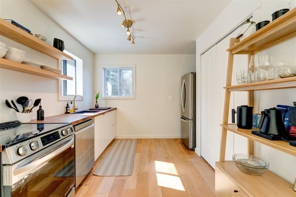 Interior, Kitchen, Stainless Steel Appliances, Wood Texture Flooring