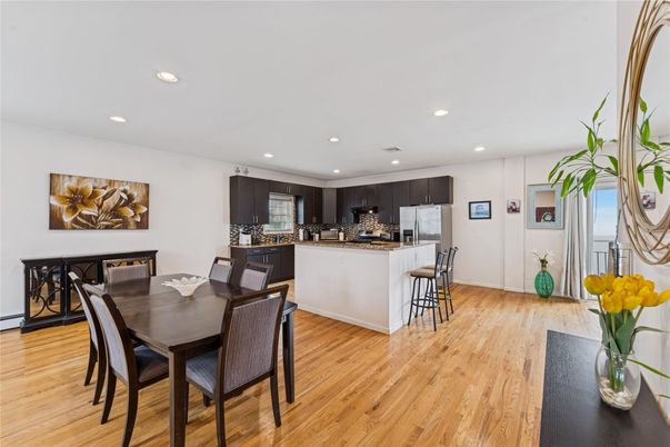 Dining room, Interior, Kitchen, Recessed Lighting, Wood Texture Flooring