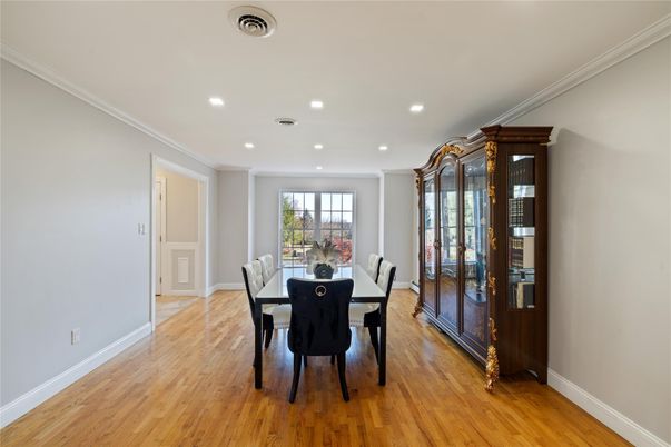 Dining room, Interior, Recessed Lighting, Wood Texture Flooring