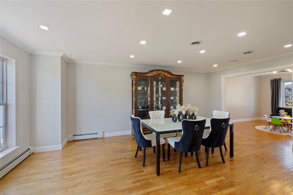 Dining room, Interior, Recessed Lighting, Wood Texture Flooring