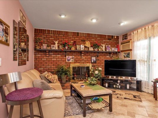 Fireplace, Interior, Living room, Recessed Lighting, Stone Walls