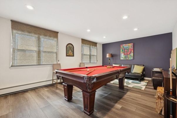 Billiard Table, Game Room, Interior, Recessed Lighting, Wood Texture Flooring