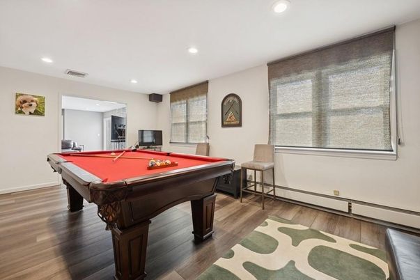 Billiard Table, Game Room, Interior, Recessed Lighting, Wood Texture Flooring