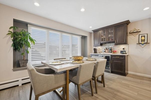 Dining room, Interior, Recessed Lighting, Wood Texture Flooring