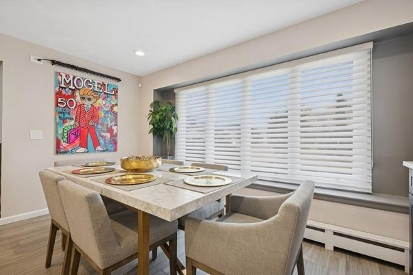 Dining room, Interior, Recessed Lighting, Wood Texture Flooring