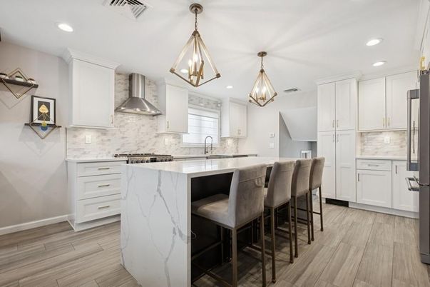 Interior, Kitchen, Marble Walls, Pendant Lights, Recessed Lighting, Wood Texture Flooring