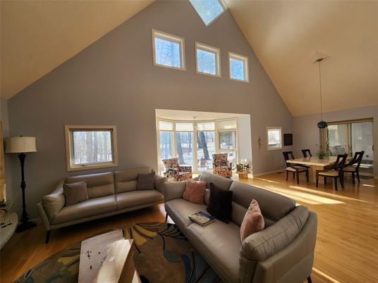 Dining room, Interior, Living room, Pendant Lights, Wood Texture Flooring