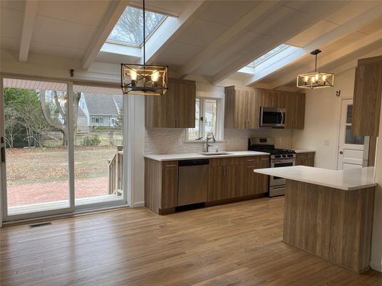 Glass Ceilings, Interior, Kitchen, Pendant Lights, Stainless Steel Appliances, Wood Texture Flooring