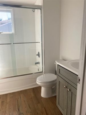 Bathroom, Glass Shower, Interior, Wood Texture Flooring