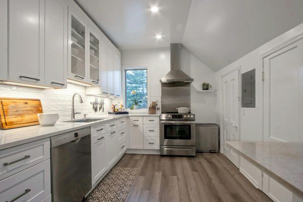 Interior, Kitchen, Recessed Lighting, Stainless Steel Appliances, Wood Texture Flooring