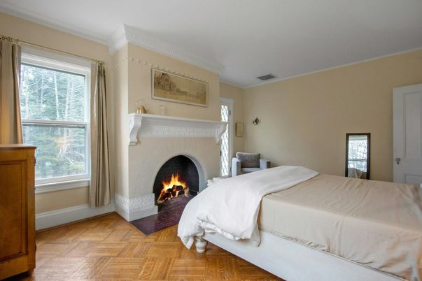 Bedroom, Fireplace, Interior, Wood Texture Flooring