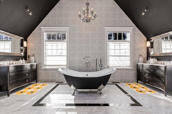 Bathroom, Chandelier, Dual Sink Vanities, Free Standing Baths, Interior, Marble, Recessed Lighting