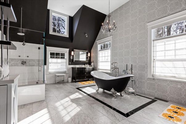 Bathroom, Chandelier, Free Standing Baths, Glass Shower, Interior, Marble