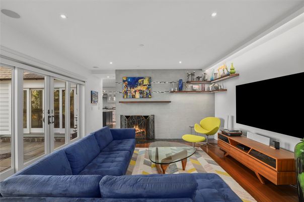 Fireplace, Interior, Living room, Recessed Lighting, Wood Texture Flooring