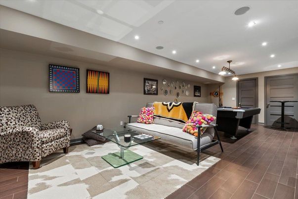 Billiard Table, Game Room, Interior, Living room, Pendant Lights, Recessed Lighting, Wood Texture Flooring