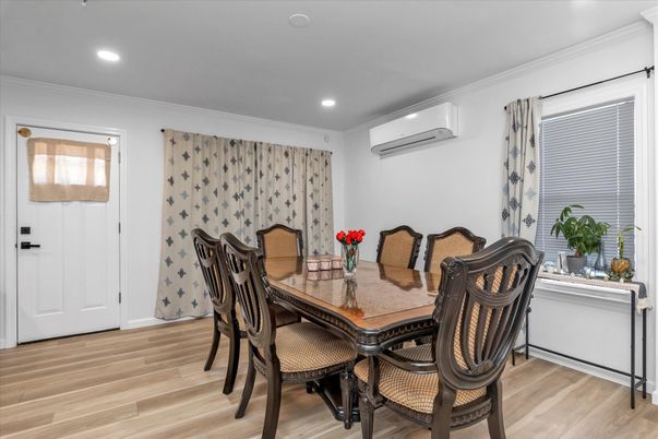 Dining room, Interior, Recessed Lighting, Wood Texture Flooring