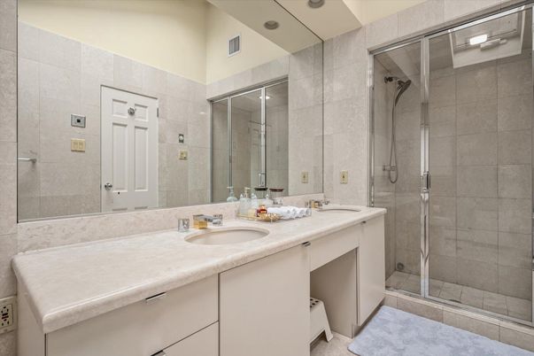 Bathroom, Dual Sink Vanities, Glass Shower, Interior, Recessed Lighting