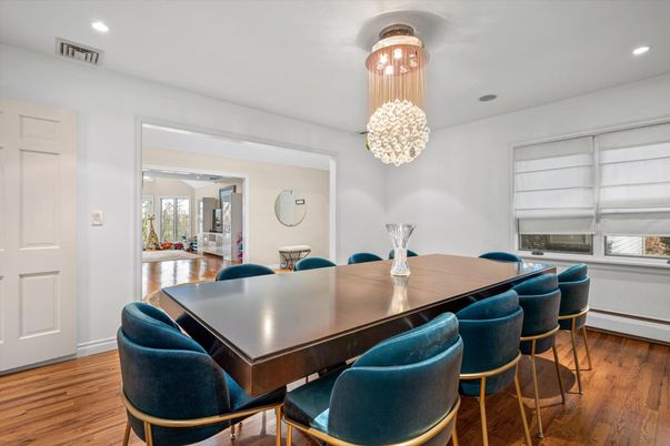 Dining room, Interior, Pendant Lights, Recessed Lighting, Wood Texture Flooring