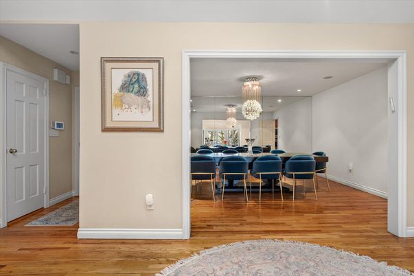 Chandelier, Dining room, Interior, Recessed Lighting, Wood Texture Flooring