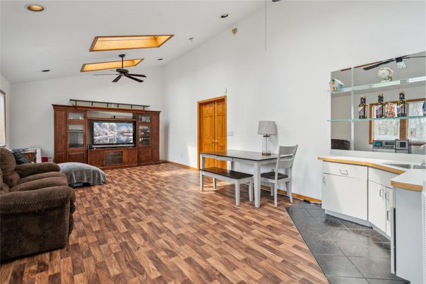 Dining room, Interior, Living room, Recessed Lighting, Wood Texture Flooring