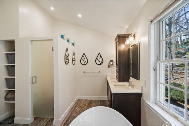 Bathroom, Free Standing Baths, Interior, Recessed Lighting, Wood Texture Flooring
