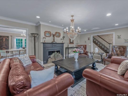 Chandelier, Dining room, Fireplace, Interior, Living room, Recessed Lighting, Wood Texture Flooring