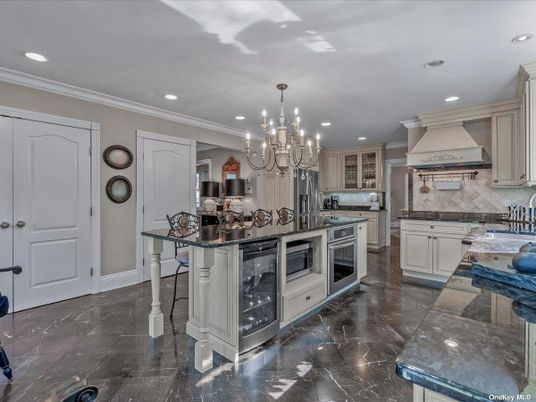 Chandelier, Interior, Kitchen, Marble, Recessed Lighting, Stainless Steel Appliances